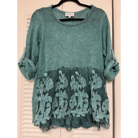 Knit Tops - Belle France Teal Loose Knit Crochet Sequin Sweater Blouse Size L